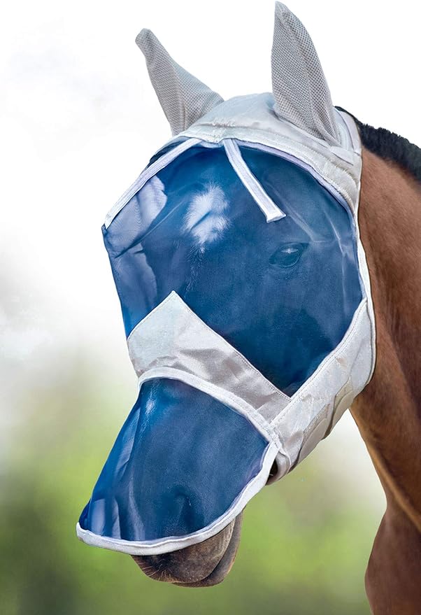 Harrison Howard CareMaster Horse Fly Mask Long Nose with Ears Full Face Silver/Blue Retro Medium Cob