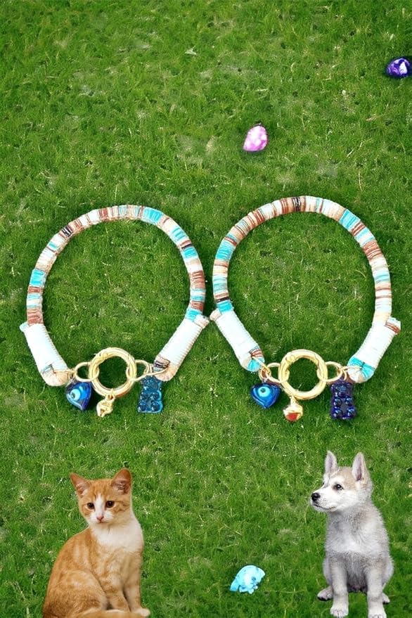 Cat Collar with Bell is Bohem, Evil eye beads for girls and boys cats,Small Breed Dogs cord accessory with charm tip (SOFT)