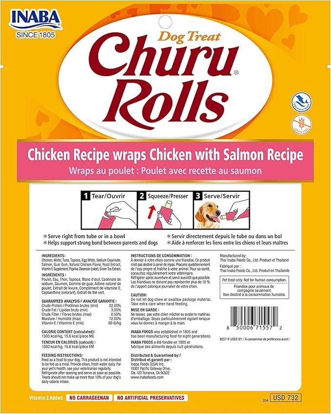 INABA Churu Rolls for Dogs, Grain-Free, Soft/Chewy Baked Chicken Wrapped Churu Filled Dog Treats, 0.42 Ounces Each Stick| 24 Stick Treats Total, Chicken with Salmon Recipe