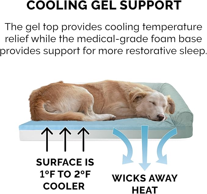 Furhaven Cooling Gel Dog Bed for Large Dogs w/ Removable Bolsters & Washable Cover, For Dogs Up to 95 lbs - Pinsonic Quilted Paw L Shaped Chaise - Iceberg Green, Jumbo/XL