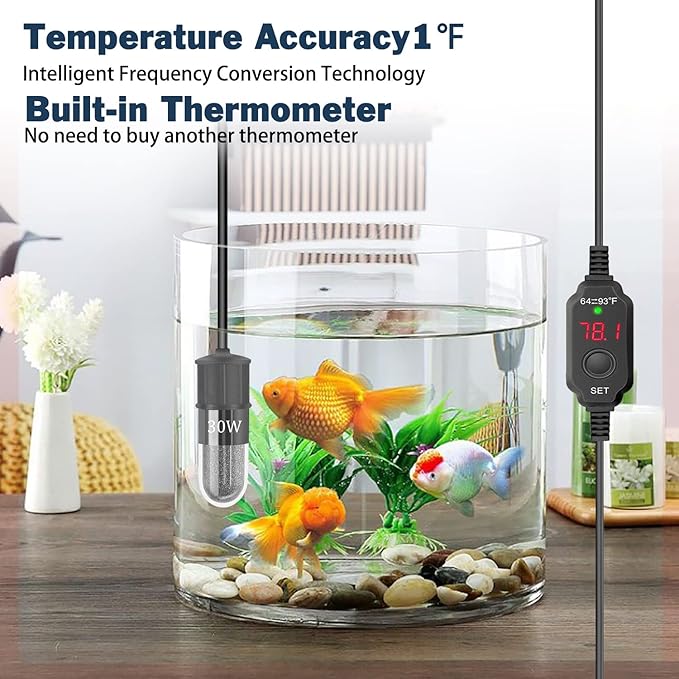 Adjustable Mini Aquarium Heater 0.5/1/2/3 Gallon Submersible Small Fish Tank Heater 10W/20W/30W Digital Display Thermostat External Temperature Controller(30W)