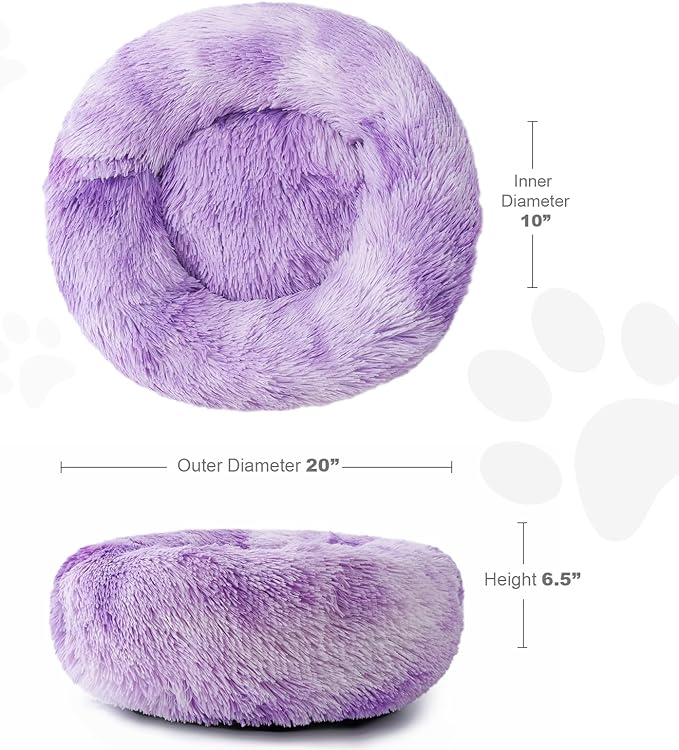 Aurako Cat Bed Dog Bed Round Cushion Pet Bed Mat Ultra Soft Plush Donut Sofa Comfortable Pillow Machine Washable Pet Cuddle Beds for Kitten Small Medium Large Dogs Cats 20" Purple and White