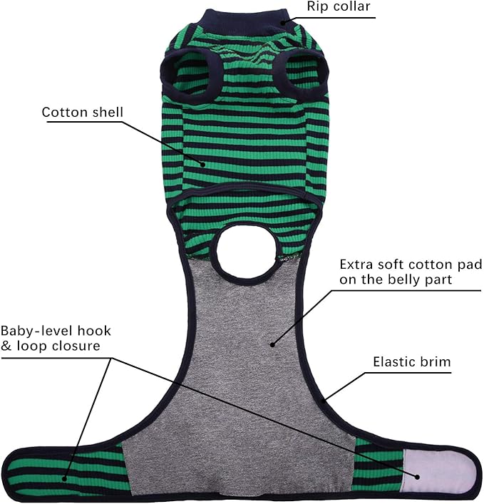 FUAMEY Recovery Suit for Dogs After Surgery,Soft Breathable Dog Bodysuit E-Collar & Cone Alternative Surgical Suit,Male Female Dog Neuter Spay Suits Anti Licking Wounds Onesie Green Black Stripes S