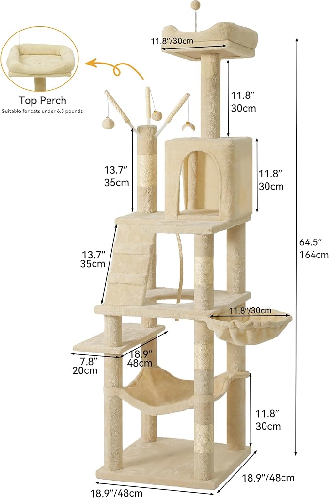 YITAHOME 64.5" Cat Tree, Multi-Level Cat House, Large Cat Condo Furniture with Perch Hammock, Scratching Posts and Dangling Balls for Kittens, Cats and Pets, Beige