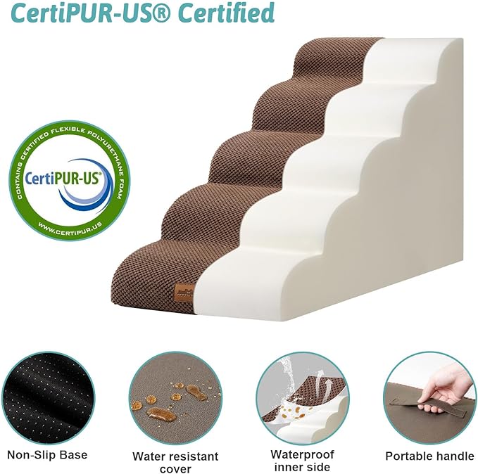 Dog Stairs for High Bed 23" H, Small Dogs Ramp with Leakproof Fabric Cover, Foam Pet Steps for Cat, Couch and Sofa, Lightweight, Non-Slip, Durable, Comfort, 15.7x33x22.6in, Brown, 5 Tiers