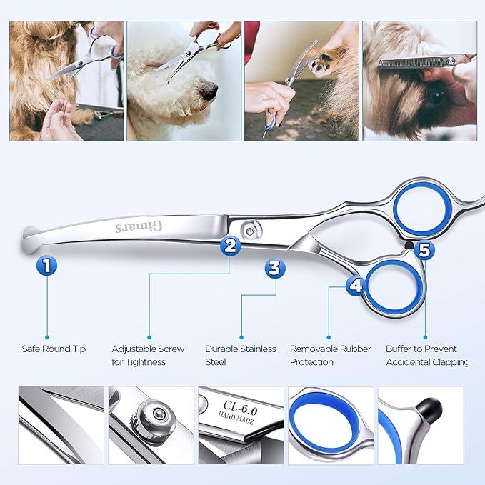 Gimars Titanium Coated Professional 6 in 1 4CR Stainless Steel Dog Grooming Scissors with Safety Round Tip, Heavy Duty Pet Grooming Scissor for Dogs, Cats and Other Animals