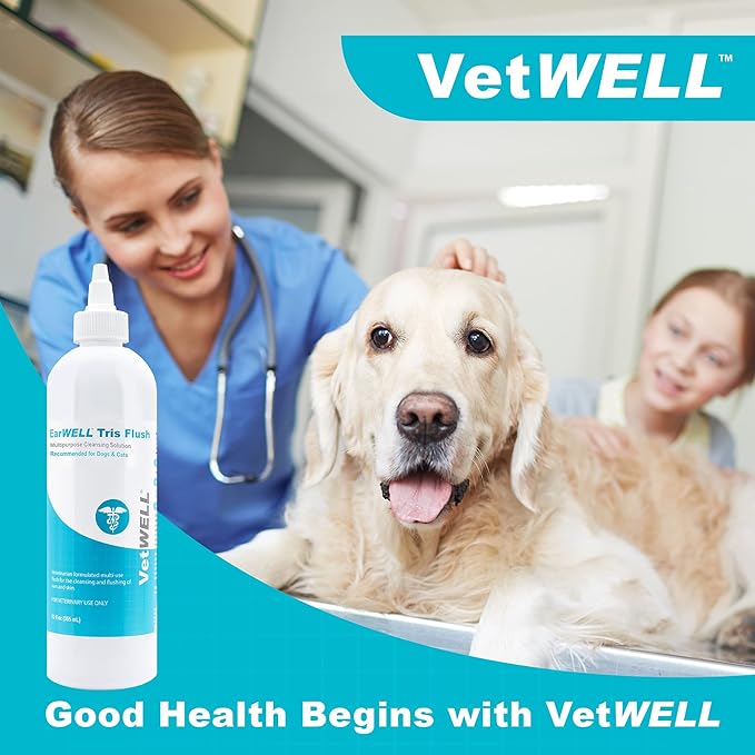 VetWELL Dog Ear Cleaner Solution & Infection Treatment for Dogs & Cats, Tris Otic Cleanser Drops Helps Eliminate Odor and Relieve Infections - 12oz