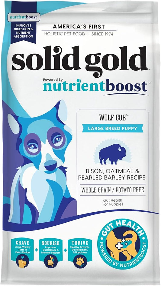 Solid Gold Large Breed Puppy Food w/Nutrientboost - Made with Real Bison, Oatmeal & Barley - Wolf Cub Whole Grain Puppy Food for Large Breed for Healthy Growth and Balanced Nutrition - 22 LB Bag