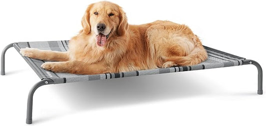 Bedsure Large Elevated Cooling Outdoor Dog Bed - Raised Dog Cots Beds for Large Dogs, Portable Indoor & Outdoor Pet Hammock Bed with Skid-Resistant Feet, Breathable Mesh, Striped Grey, 49 inches