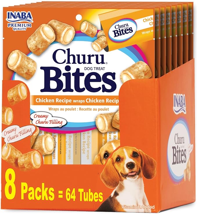 INABA Churu Bites for Dogs, Grain-Free, Soft/Chewy Baked Chicken Wrapped Churu Filled Dog Treats with Vitamin E, 0.42 Ounces Each Tube|64 Tubes Total (Pack of 8), Chicken Recipe