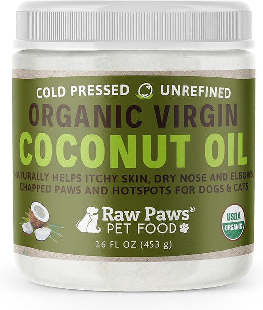 Raw Paws Virgin Organic Coconut Oil for Dogs & Cats, 16-oz - Treatment for Itchy Skin, Dry Nose, Paws - Hot Spot Lotion for Dogs - Natural Hairball Remedy for Dogs