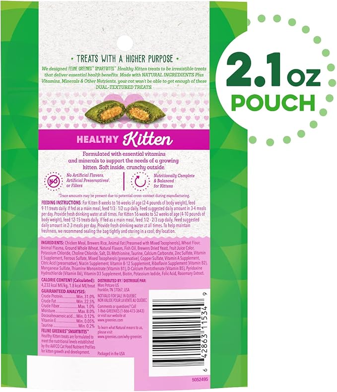 Greenies Feline Smartbites Healthy Kitten Treats, Chicken Flavor, 2.1 Oz Pack