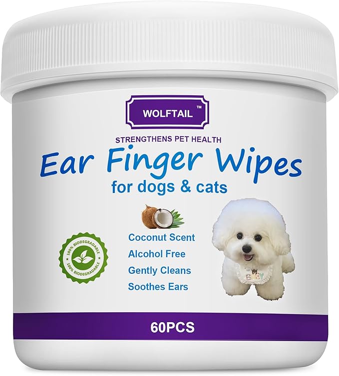 Dog Ear Wipes for Dogs & Cats, Pet Ear Cleaner Wipes - Gently Remove Ear Wax, Debris - Sooths & Deodorizes - Relieve Ear Itching & Inflammation, Fresh Coconut Scent, All Natural - 60 Count