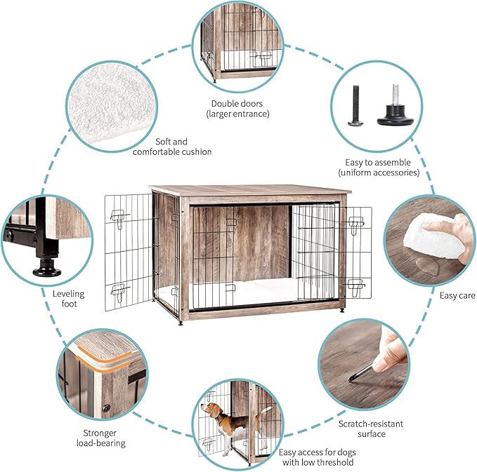 DWANTON Dog Crate Furniture with Cushion, Large Wooden Dog Crate with Double Doors, Dog Furniture, Indoor Dog Kennel, Dog House, Large, 38.5" L, Greige