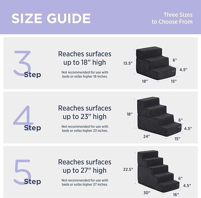 Lesure Dog Stairs for Small Dogs - Pet Stairs for Beds and Couch, Folding Pet Steps with CertiPUR-US Certified Foam for Cat and Doggy, Non-Slip Bottom Dog Steps, Black, 3 Steps