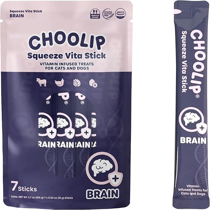 Squeeze Vita Stick for Brain. Nutrient-Packed Cat Treats with MCT, EPA/DHA, L-Carnitine, L-Arginine and More! 7pk Vet-Formulated Cat Treats. Dog or Cat Birthday Treat, Calming Training Tool.