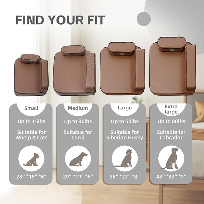 Dog Bed for Medium Dogs, Easy Clean Dog Sofa Air-Leather-Fabric Pet Bed, Stain & Waterproof Dog Bed with Memory Foam & Washable Cover, with Pillow & Side Cushion, Brown, M Size