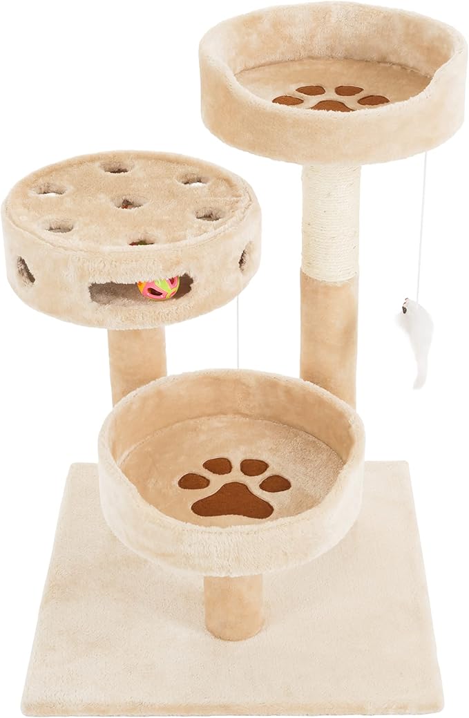 Cat Tree - 3-Tier Tall Cat Tower Condo with 2 Napping Perches, Sisal Rope Scratching Post, Hanging Mouse and Interactive Wheel Toy by PETMAKER (Beige), 27.5"