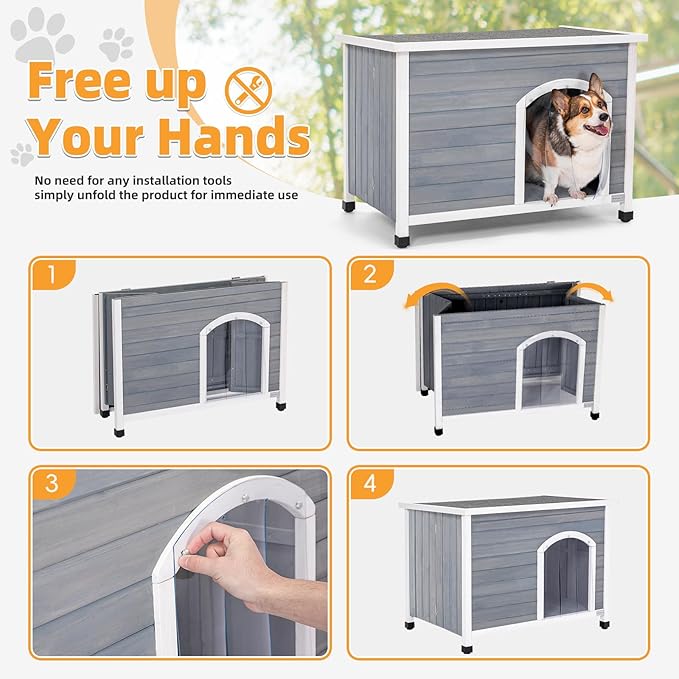 Petsfit 40.2" Dog house, Outside Dog House Weatherproof, No Tools Required Assembly, Folding Dog House Outdoor, Unfold to Use, Outdoor Dog House with Door Flap (Medium, Grey)