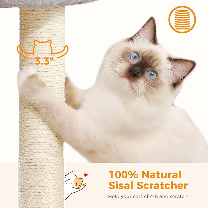 PETEPELA 19" Cat Scratching Post, Cat Tree Tower, 100% Natural Sisal Cat Scratcher with Large Plush Top Perch Bed, Cozy Cat Platform for Kittens and Cats