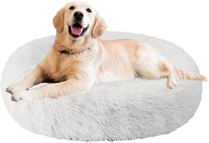 Aurako Cat Bed Dog Bed Round Cushion Pet Bed Mat Ultra Soft Plush Donut Sofa Comfortable Pillow Machine Washable Pet Cuddle Beds for Kitten Small Medium Large Dogs Cats 28" Milky White