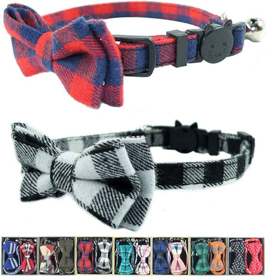 Cat Collar Breakaway with Bell and Bow Tie, Plaid Design Adjustable Safety Kitty Kitten Collars Set of 2 PCS(6.8-10.8in) (Red&Black Plaid)