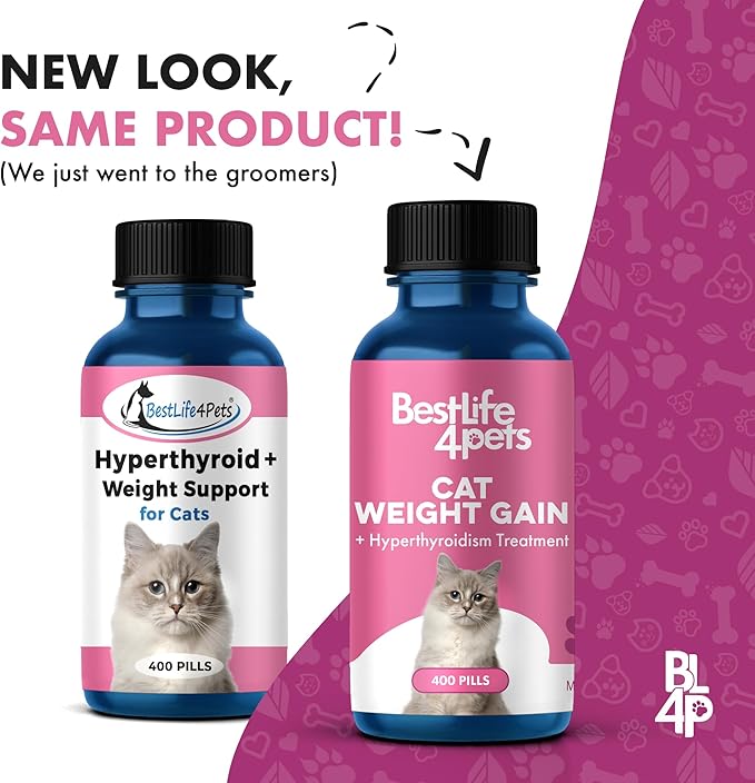 BestLife4Pets Cat Hyperthyroid + Weight Gain Support - Feline Thyroid Supplement for Metabolic Support - All-in-One Thyroid Supplement for Weight Management - Easy to Use Natural Pills