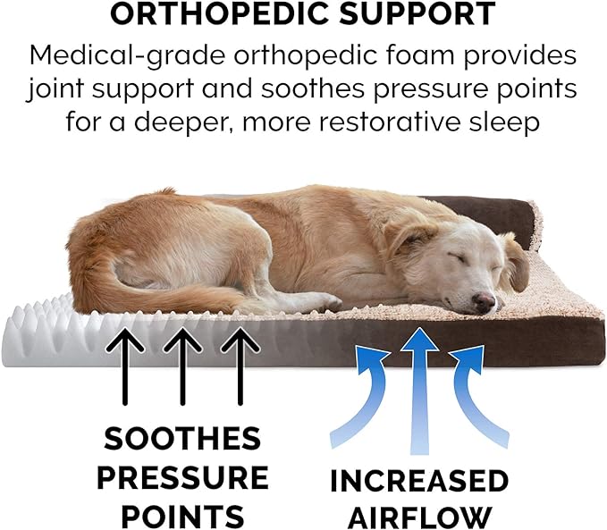 Furhaven Orthopedic Dog Bed for Large/Medium Dogs w/ Removable Bolsters & Washable Cover, For Dogs Up to 55 lbs - Two-Tone Plush Faux Fur & Suede L Shaped Chaise - Espresso, Large