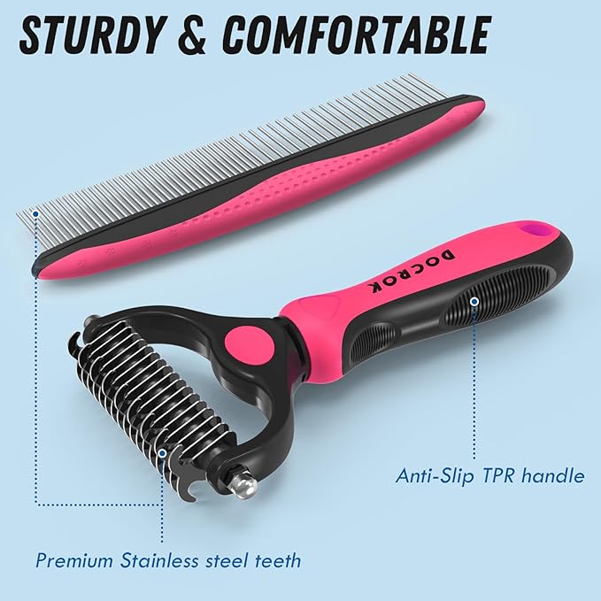 Pet Grooming Brush and Metal Comb Combo, Cat Brush Dog Brush for Shedding, Undercoat Rake for Dogs Grooming, Dematting Deshedding Brush Dogs Shedding Tool for Long matted Haired Pets, Pink