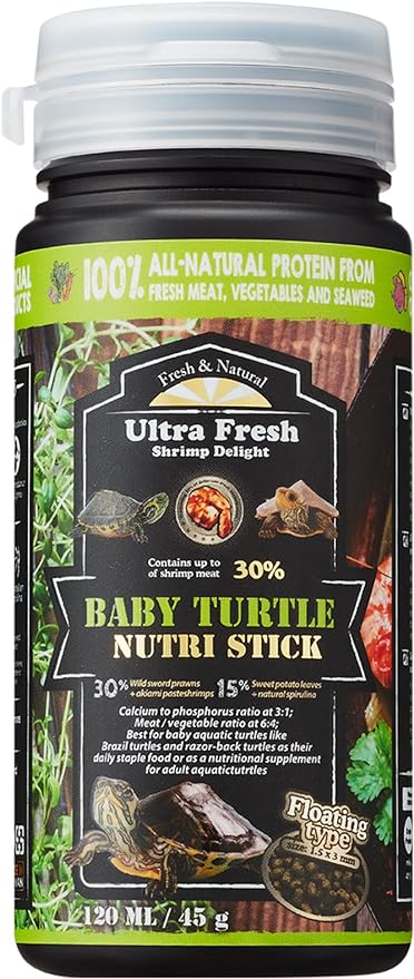 Ultra Fresh Floating Baby Turtle Food, All Natural Ingredients, Wild Sword Prawn, Calcium Vitamin D Enriched for Picky Aquatic Baby Turtles, Baby Turtle Nutri Stick 1.6 oz