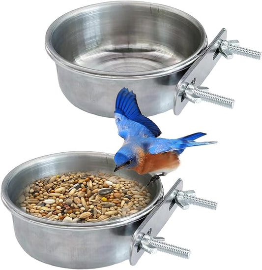 2Pcs Small Bird Bowls for Cage Stainless Steel, Parakeet Feeding Dish Cups with Clamp Holder, Hanging Hamster Foraging Food & Water Bowl for Parrot Cockatiel Budgies Bunny Hedgehog (2 Packs, S)