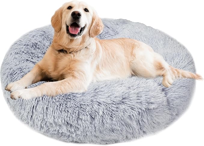 Aurako Cat Bed Dog Bed Round Cushion Pet Bed Mat Ultra Soft Plush Donut Sofa Comfortable Pillow Machine Washable Pet Cuddle Beds for kitten Small Medium Large Dogs Cats 28" Light Gray