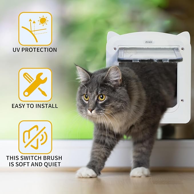 Magnetic Interior & Exterior Cat Door with 4 Way Locking，Cat Door Latch（Outer Size：11.5‘’x10.2‘’ Inter Size：7.5‘’x7.1‘’） Weatherproof Cat Door ，Cat Door for Window,Cat Door Interior Door
