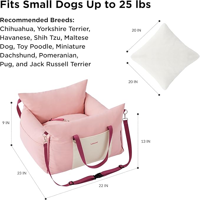 Lesure Small Dog Car Seat for Small Dogs - Waterproof Dog Booster Seat for Car with Storage Pockets and Clip-On Safety Leash and Thickened Memory Foam Filling, Pet Travel Carrier Bed Strawberry Cream