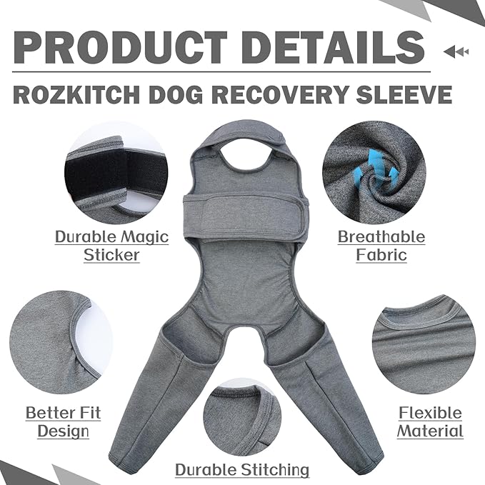 ROZKITCH Dog Surgery Recovery Sleeve Rear Right Left Leg, Pet Prevent Licking Wound Elbow Brace Protector, Dog Recovery Suit Cone Collar Alternative for Sprain ACL CCL Arthritis Joint Care Grey S