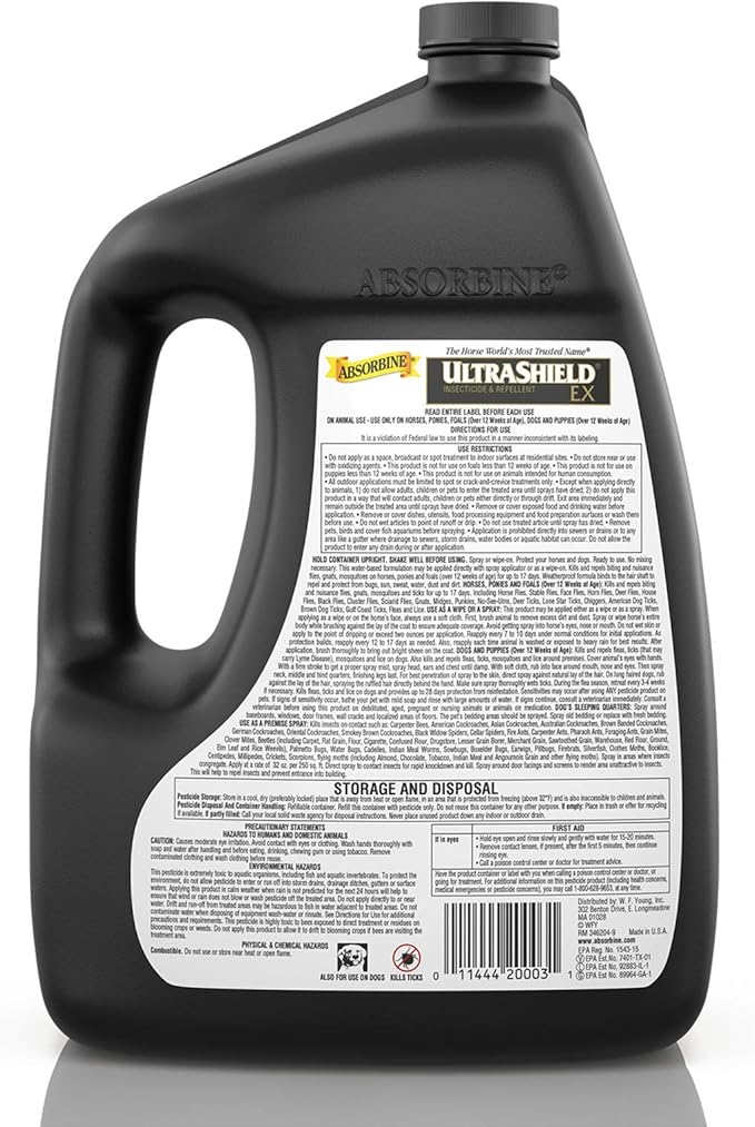 Absorbine UltraShield EX Combo 32oz Sprayer + 128oz Refill Insecticide, Kills & Repels Flies, Mosquitoes, Ticks, Fleas, Lice, Use on Horses, Dogs, Premises