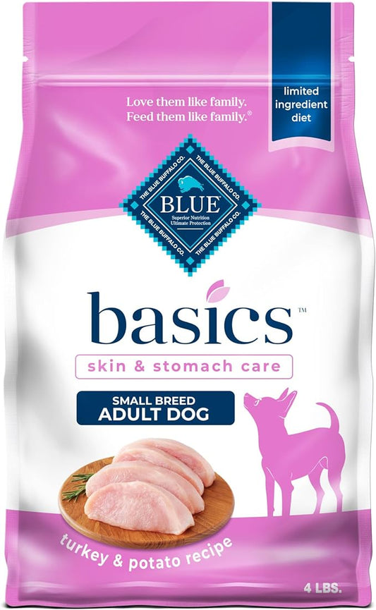 Blue Buffalo Basics Adult Small Breed Dry Dog Food for Skin & Stomach Care, Limited Ingredient Diet, Made in the USA with Natural Ingredients, Turkey & Potato Recipe, 4-lb. Bag