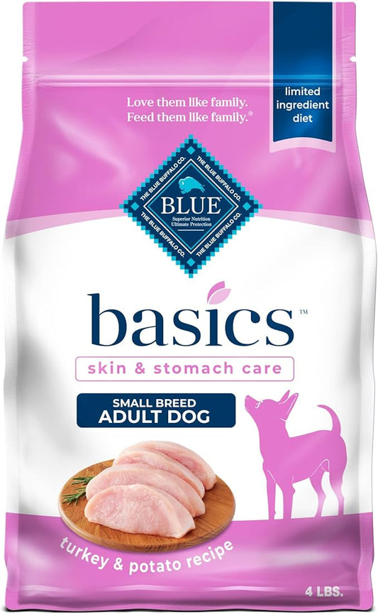 Blue Buffalo Basics Adult Small Breed Dry Dog Food for Skin & Stomach Care, Limited Ingredient Diet, Made in the USA with Natural Ingredients, Turkey & Potato Recipe, 4-lb. Bag