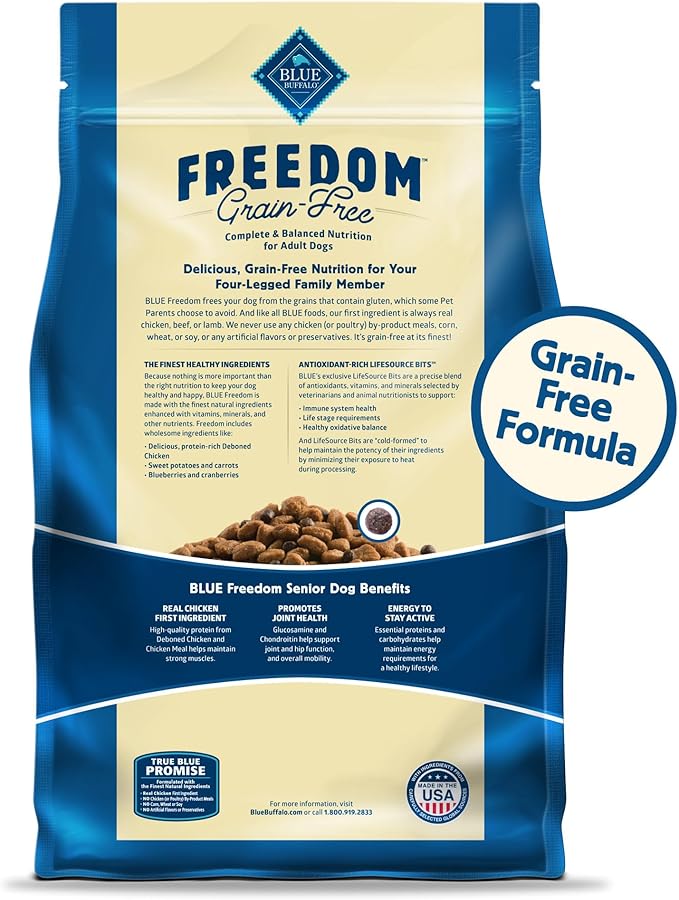 Blue Buffalo Freedom Grain-Free Senior Dry Dog Food, Provides Energy To Stay Active, Made in the USA with Natural Ingredients, Chicken & Potatoes, 11-lb. Bag