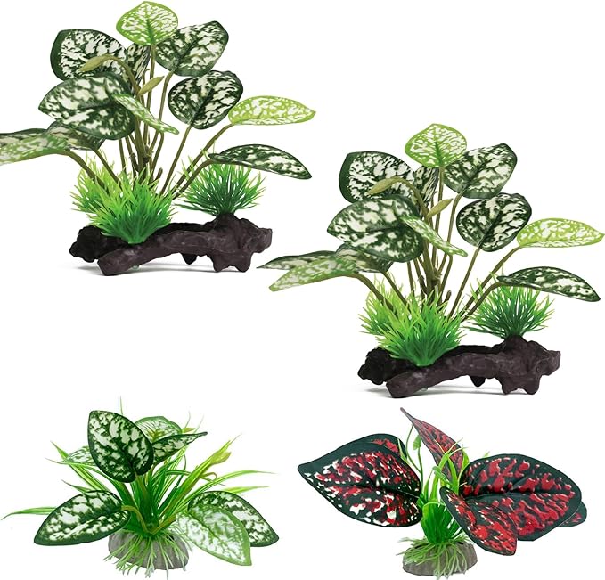 Reptile Artificial Plants, Terrarium Plants Decorations Supplies, Aquarium Fish Tank Plant, Amphibian Habitat Hideout Tank Accessories(M Set-4pcs/B)