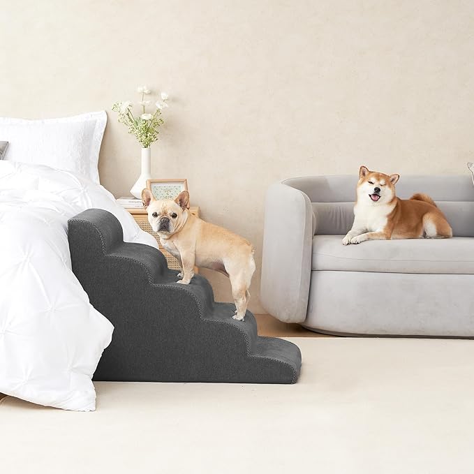 EHEYCIGA Curved Dog Stairs for High Beds, 5-Step Extra Wide Dog Steps for Small Dogs and Cats, Pet Stairs for High Bed Climbing, Non-Slip Balanced Pet Step Indoor, Grey
