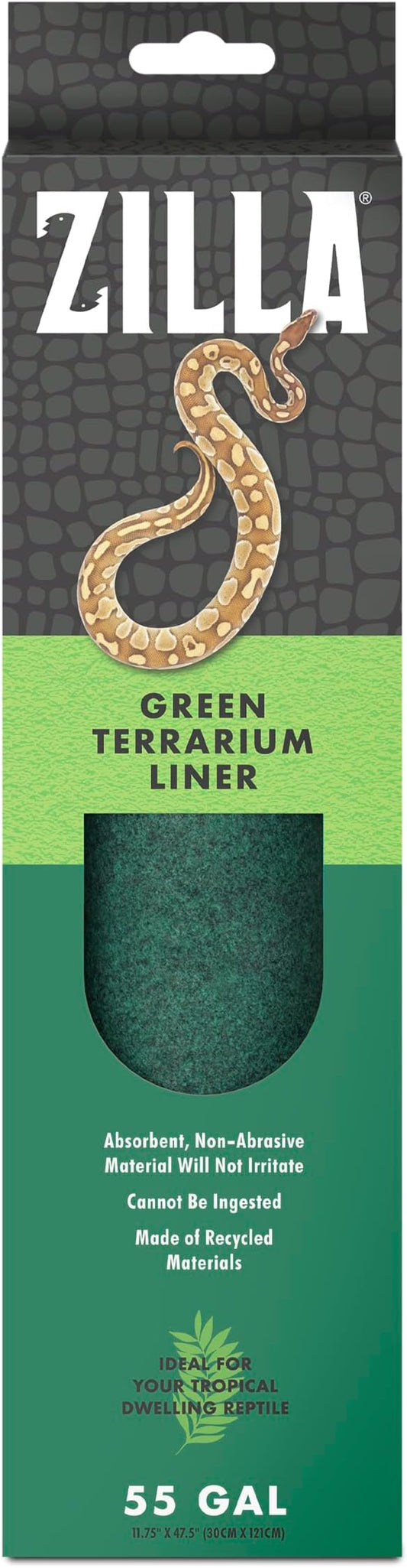 Zilla Reptile Terrarium Liner, Odor Reducing, Non-irritating, Ideal for Juvenile Reptiles and Tropical Habitats, Green, Fits Tank Size 55 Gallon, 11.75” x 47.5”