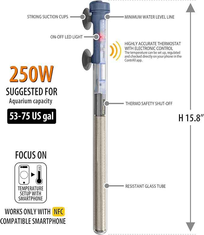 Sicce Scuba 250 Watt Aquarium Fish Tank Heater Smartphone Controlled via NFC Contactless App Adjustable | 250W Submersible for Marine Saltwater and Freshwater | Run Dry Protection