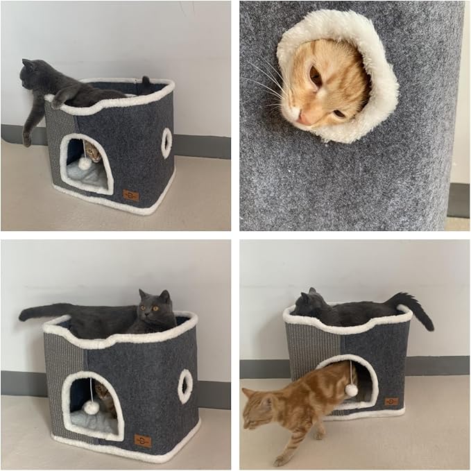 2-Level Cat House for Indoor Cats,Covered Cat cave Beds and Furniture with Scratch Pad,Hideaway Cave & Cushions,Modern Cat Condo for Multi Small Pet and Large Cats