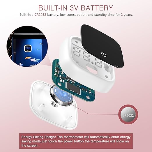 Digital Aquarium Thermometer, LED Fish Tank Thermometer, Stick-on Reptile Thermometer with Touch Screen, Large Numbers, Battery, for Fish, Axolotl, Turtle, Aquatic