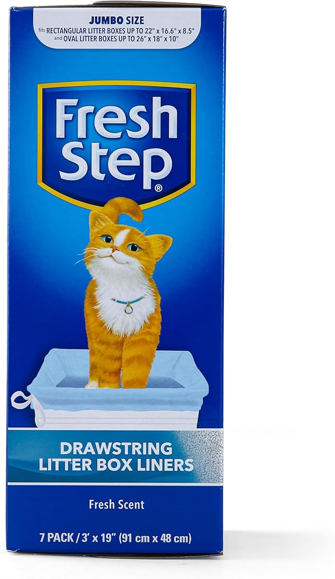 Fresh Step Drawstring Cat Litter Box Liners, Scented, Jumbo Size, 3" x 19" - 7 Count | Kitty Litter Bags, Cat Litter Liners for All Cats To Keep Your Home Clean