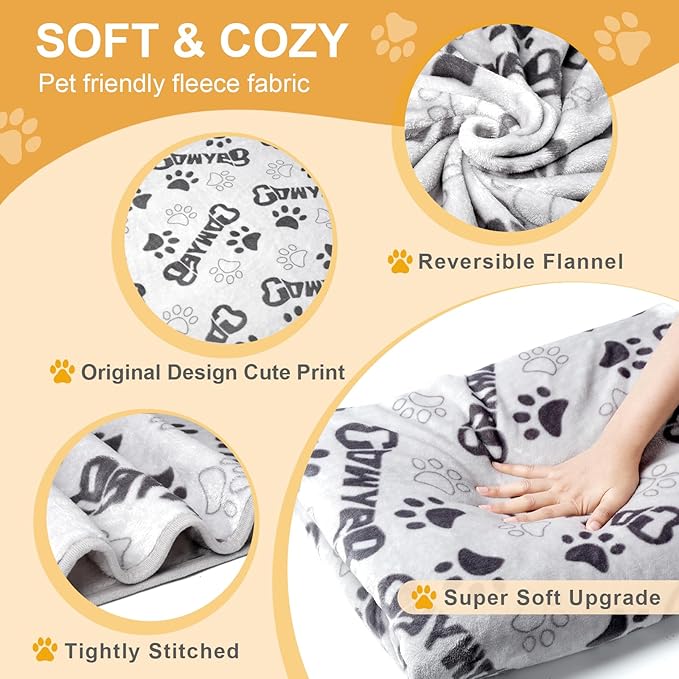 1 Pack 3 Dog Blanket, 31x41Inch Upgraded Dog Cat fleece Blanket Washable, Dog Blanket Soft Pet Throw Cover for Kennel Bed, Cute Paw Pattern, Pet Blanket, Medium Small Dogs, Grey