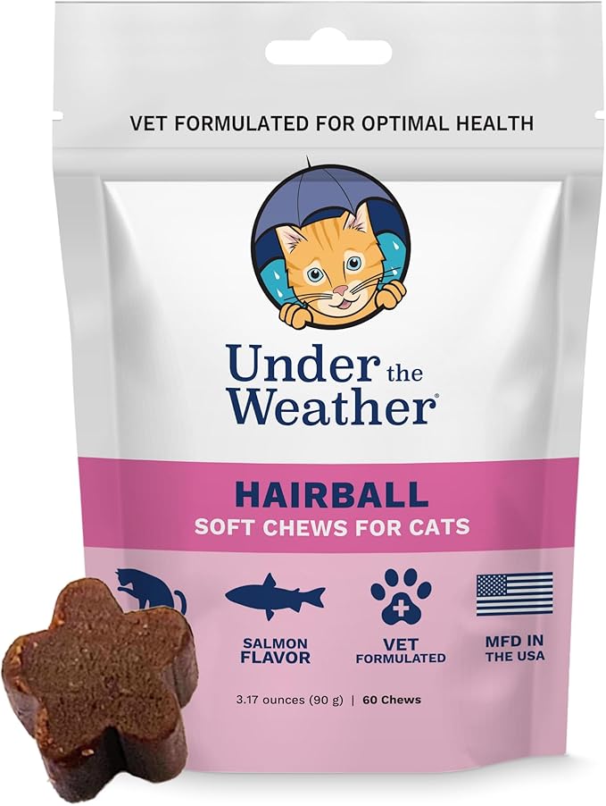 Under the Weather Pet Hairball Support for Cats | for a Normal, Gentle Elimination of Hairballs, Reduce Excessive Licking and Grooming | 60 Star Shaped Soft Chews