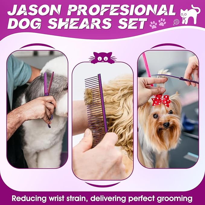 JASON Dog Grooming Scissors Set - Professional 6 in 1 Dog Shears Kit - 6.5" Thinning, 7" Straight, 7" Up-Curved, 7" Down-curved Scissors and Comb for Dog Cat Pet with Adjustable Screw (Purple)