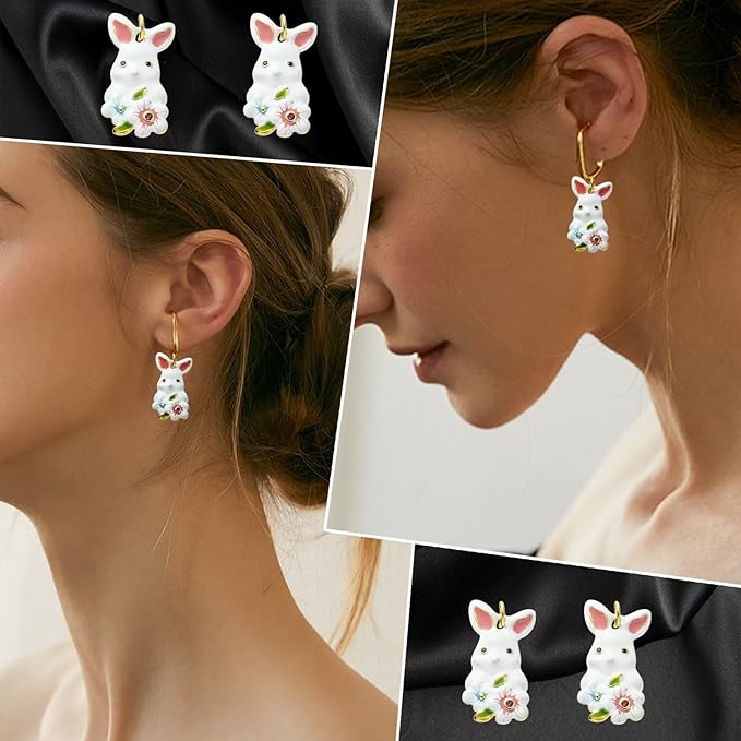 LiQunSweet 5 Pcs Micro Pave Cubic Zirconia Charms with Enamel White Bunny Rabbit Charm for Easter Jewelry Making DIY Accessories - 25x13mm